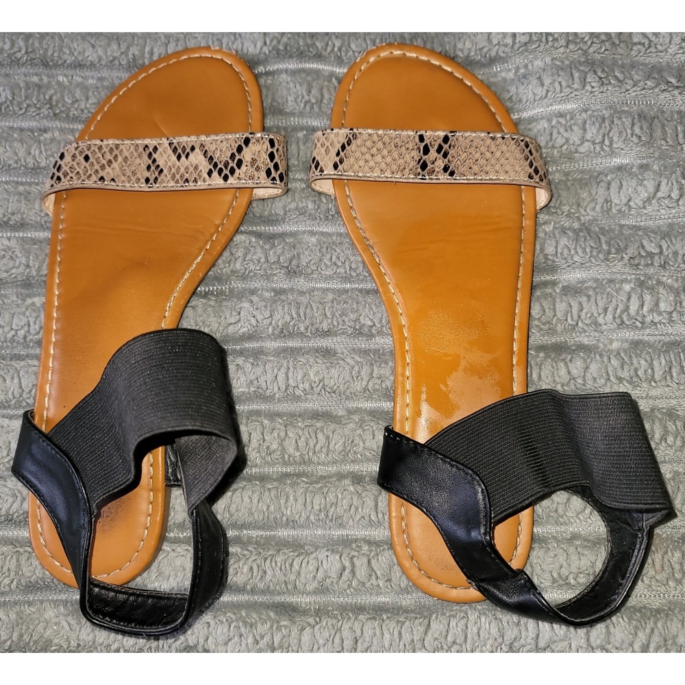 Bamboo‎ Women's Size 7 Ankle Strap Sandals Black and Snake Skin Print Open Toe - Picture 2 of 5